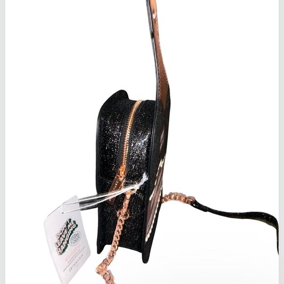 BLACK GLITTER & ROSE GOLD “I ONLY DRINK CHAMPAGNE” BOTTLE CROSSBODY PURSE NWOT - Picture 7 of 16